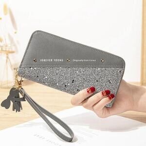 Tasseled Split Glitter Wallet in Gray